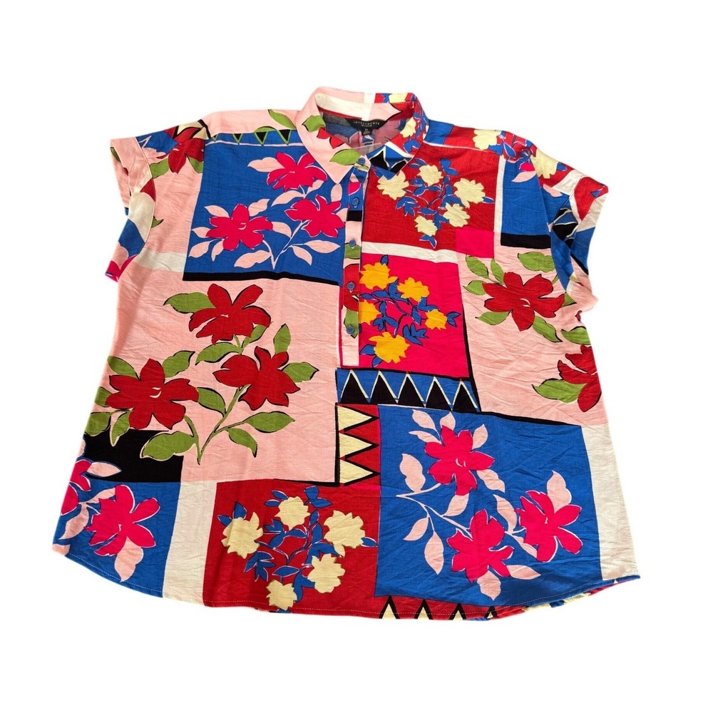 Investments Women's Colorful Patchwork Floral Short Sleeve Blouse 1X Rayon Nylon
